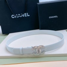 샤넬 로고 레더 벨트 화이트